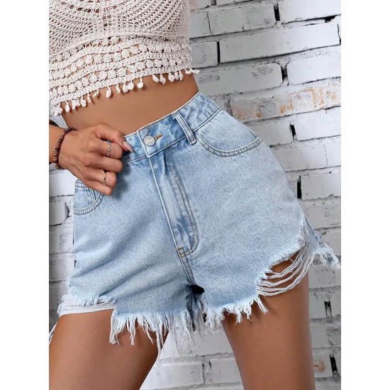 Women Fashion Denim Shorts With High Waist And Hole Women Fashion Denim Shorts With High Waist And Hole