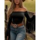 Women Fashion Retro Western Off Shoulder Tassel Long-Sleeve Tight T-Shirt Women Fashion Retro Western Off Shoulder Tassel Long-Sleeve Tight T-Shirt