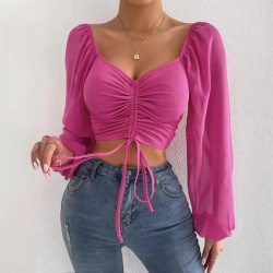 Summer V-Neck Chiffon Drawstring Lantern Sleeves Tight Fashion Sexy Blouse