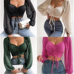 Summer V-Neck Chiffon Drawstring Lantern Sleeves Tight Fashion Sexy Blouse
