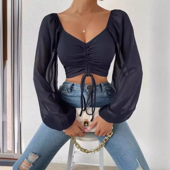 Summer V-Neck Chiffon Drawstring Lantern Sleeves Tight Fashion Sexy Blouse Summer V-Neck Chiffon Drawstring Lantern Sleeves Tight Fashion Sexy Blouse