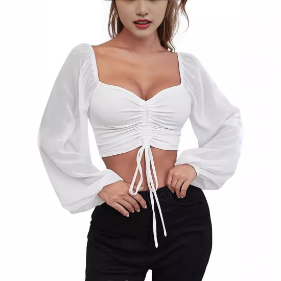 Summer V-Neck Chiffon Drawstring Lantern Sleeves Tight Fashion Sexy Blouse Summer V-Neck Chiffon Drawstring Lantern Sleeves Tight Fashion Sexy Blouse