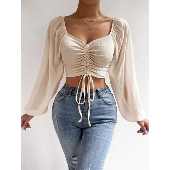 Summer V-Neck Chiffon Drawstring Lantern Sleeves Tight Fashion Sexy Blouse Summer V-Neck Chiffon Drawstring Lantern Sleeves Tight Fashion Sexy Blouse