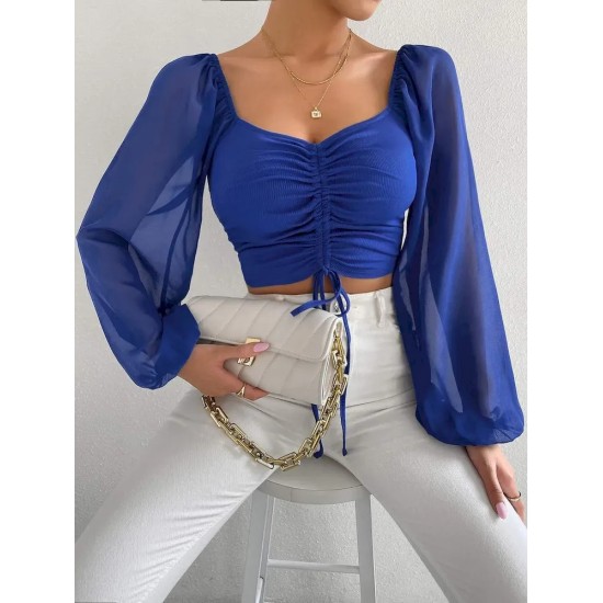Summer V-Neck Chiffon Drawstring Lantern Sleeves Tight Fashion Sexy Blouse Summer V-Neck Chiffon Drawstring Lantern Sleeves Tight Fashion Sexy Blouse
