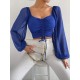 Summer V-Neck Chiffon Drawstring Lantern Sleeves Tight Fashion Sexy Blouse Summer V-Neck Chiffon Drawstring Lantern Sleeves Tight Fashion Sexy Blouse