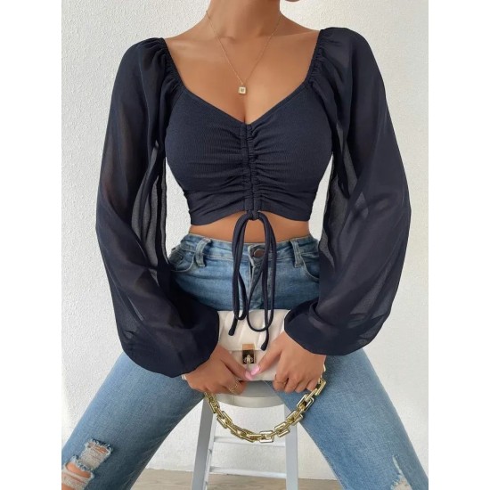 Summer V-Neck Chiffon Drawstring Lantern Sleeves Tight Fashion Sexy Blouse Summer V-Neck Chiffon Drawstring Lantern Sleeves Tight Fashion Sexy Blouse