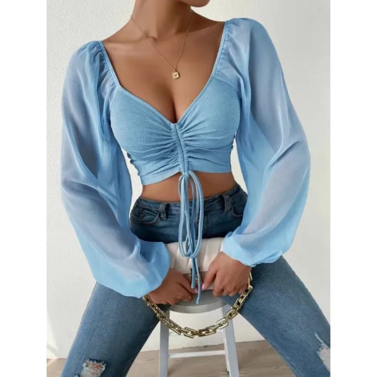 Summer V-Neck Chiffon Drawstring Lantern Sleeves Tight Fashion Sexy Blouse Summer V-Neck Chiffon Drawstring Lantern Sleeves Tight Fashion Sexy Blouse