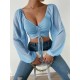 Summer V-Neck Chiffon Drawstring Lantern Sleeves Tight Fashion Sexy Blouse Summer V-Neck Chiffon Drawstring Lantern Sleeves Tight Fashion Sexy Blouse