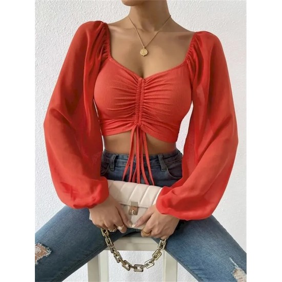 Summer V-Neck Chiffon Drawstring Lantern Sleeves Tight Fashion Sexy Blouse Summer V-Neck Chiffon Drawstring Lantern Sleeves Tight Fashion Sexy Blouse