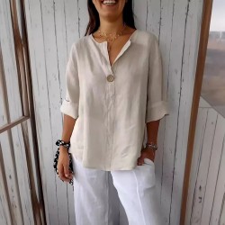 Women Casual Loose Solid Color Cotton Linen Shirt