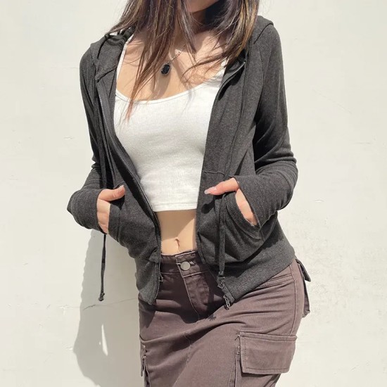 Women Fashion Casual Solid Color Long-Sleeve Rib Drawstring Zipper Pocket Jacket Women Fashion Casual Solid Color Long-Sleeve Rib Drawstring Zipper Pocket Jacket