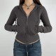 Women Fashion Casual Solid Color Long-Sleeve Rib Drawstring Zipper Pocket Jacket Women Fashion Casual Solid Color Long-Sleeve Rib Drawstring Zipper Pocket Jacket