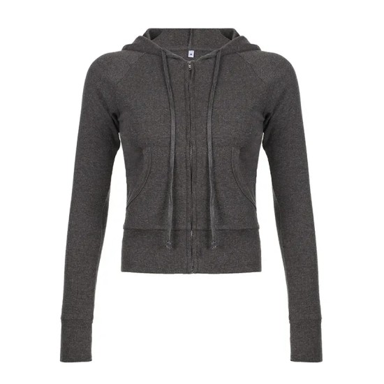 Women Fashion Casual Solid Color Long-Sleeve Rib Drawstring Zipper Pocket Jacket Women Fashion Casual Solid Color Long-Sleeve Rib Drawstring Zipper Pocket Jacket