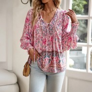 Women Fashion Boho Vacation Printed V-Neck Long-Sleeve Lace-Up Blouse