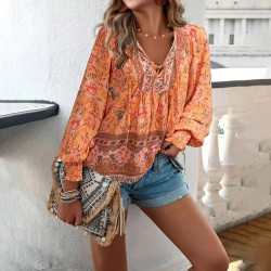 Women Fashion Boho Vacation Printed V-Neck Long-Sleeve Lace-Up Blouse