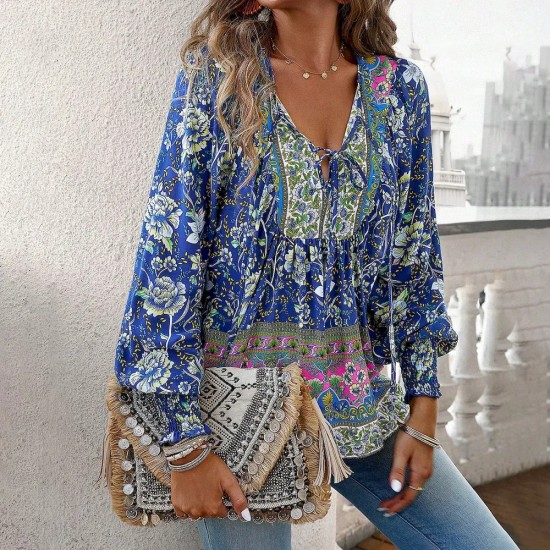 Women Fashion Boho Vacation Printed V-Neck Long-Sleeve Lace-Up Blouse Women Fashion Boho Vacation Printed V-Neck Long-Sleeve Lace-Up Blouse