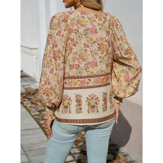 Women Fashion Boho Vacation Printed V-Neck Long-Sleeve Lace-Up Blouse Women Fashion Boho Vacation Printed V-Neck Long-Sleeve Lace-Up Blouse