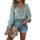 Women Fashion Boho Vacation Printed V-Neck Long-Sleeve Lace-Up Blouse Women Fashion Boho Vacation Printed V-Neck Long-Sleeve Lace-Up Blouse