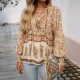 Women Fashion Boho Vacation Printed V-Neck Long-Sleeve Lace-Up Blouse Women Fashion Boho Vacation Printed V-Neck Long-Sleeve Lace-Up Blouse