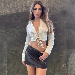 Women Fashion Sexy Solid Color Lapel Long Sleeve Lace-Up Crop Top