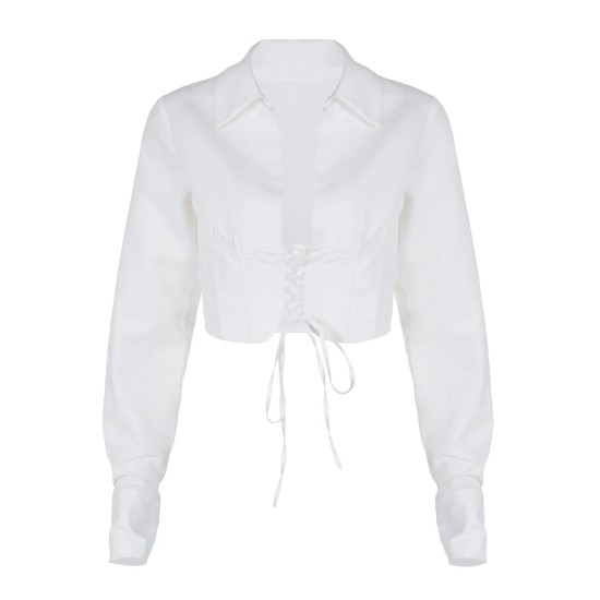 Women Fashion Sexy Solid Color Lapel Long Sleeve Lace-Up Crop Top Women Fashion Sexy Solid Color Lapel Long Sleeve Lace-Up Crop Top