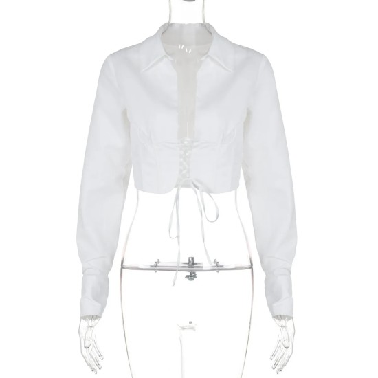 Women Fashion Sexy Solid Color Lapel Long Sleeve Lace-Up Crop Top Women Fashion Sexy Solid Color Lapel Long Sleeve Lace-Up Crop Top