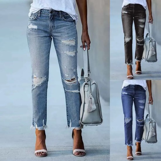 Women Fashion Slim-Fit Ripped Fringe Straight Jeans Women Fashion Slim-Fit Ripped Fringe Straight Jeans