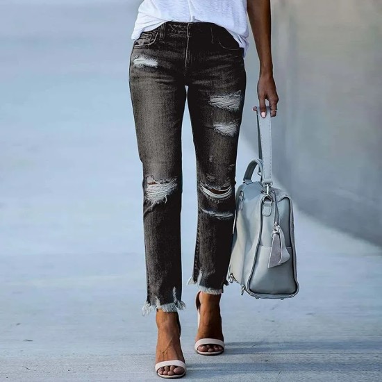 Women Fashion Slim-Fit Ripped Fringe Straight Jeans Women Fashion Slim-Fit Ripped Fringe Straight Jeans