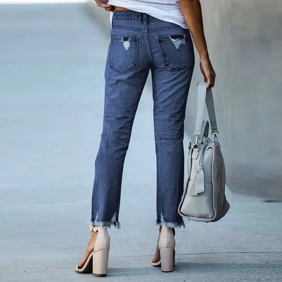 Women Fashion Slim-Fit Ripped Fringe Straight Jeans Women Fashion Slim-Fit Ripped Fringe Straight Jeans