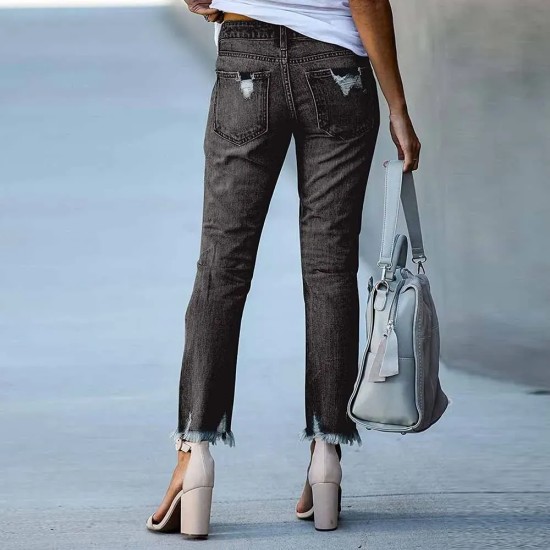 Women Fashion Slim-Fit Ripped Fringe Straight Jeans Women Fashion Slim-Fit Ripped Fringe Straight Jeans