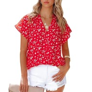 Women Fashion Casual Chiffon Printed V-Neck Short Sleeve Blouse