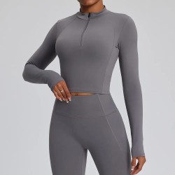 Women Fashion Solid Color Long-Sleeve Zipper Tight Quick-Dry Yoga Top