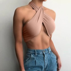 Women Sexy Halter Neck Solid Color Crop Top