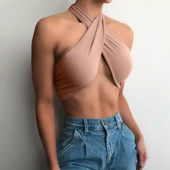 Women Sexy Halter Neck Solid Color Crop Top Women Sexy Halter Neck Solid Color Crop Top