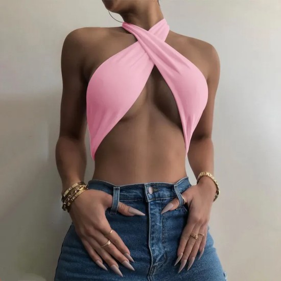 Women Sexy Halter Neck Solid Color Crop Top Women Sexy Halter Neck Solid Color Crop Top