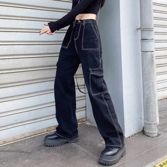 Women Fashion Casual Multi-Pocket Wide-Leg Jeans Women Fashion Casual Multi-Pocket Wide-Leg Jeans