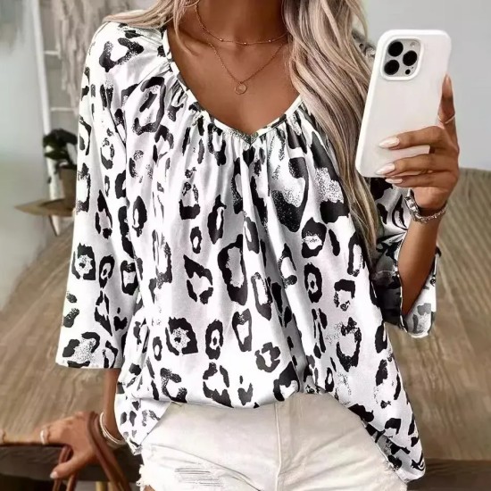Women Fashion Casual Pleated Leopard V-Neck Long-Sleeve Blouse Women Fashion Casual Pleated Leopard V-Neck Long-Sleeve Blouse