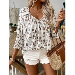 Women Fashion Casual Pleated Leopard V-Neck Long-Sleeve Blouse