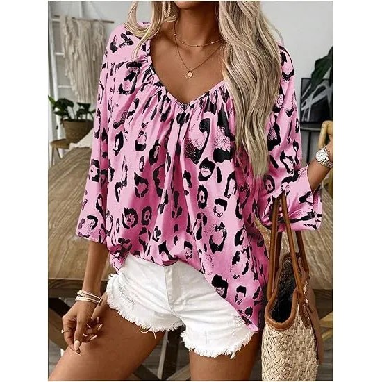 Women Fashion Casual Pleated Leopard V-Neck Long-Sleeve Blouse Women Fashion Casual Pleated Leopard V-Neck Long-Sleeve Blouse