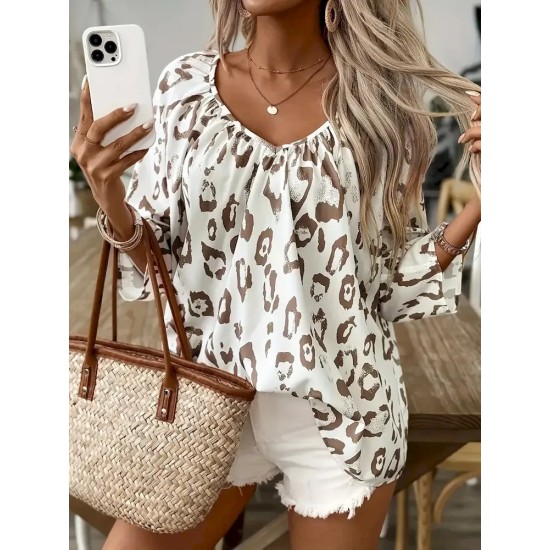 Women Fashion Casual Pleated Leopard V-Neck Long-Sleeve Blouse Women Fashion Casual Pleated Leopard V-Neck Long-Sleeve Blouse