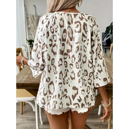 Women Fashion Casual Pleated Leopard V-Neck Long-Sleeve Blouse Women Fashion Casual Pleated Leopard V-Neck Long-Sleeve Blouse