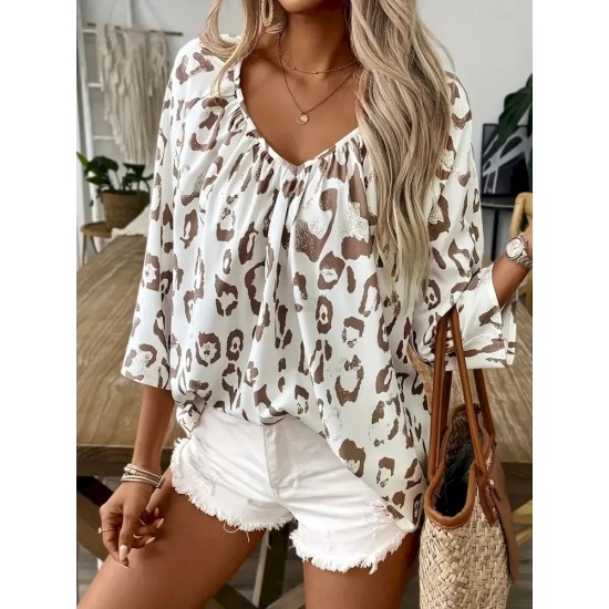 Women Fashion Casual Pleated Leopard V-Neck Long-Sleeve Blouse Women Fashion Casual Pleated Leopard V-Neck Long-Sleeve Blouse