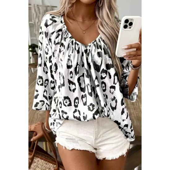 Women Fashion Casual Pleated Leopard V-Neck Long-Sleeve Blouse Women Fashion Casual Pleated Leopard V-Neck Long-Sleeve Blouse