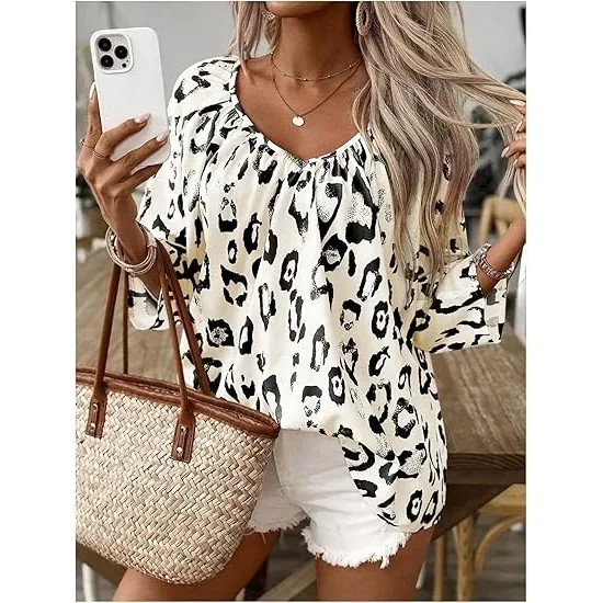 Women Fashion Casual Pleated Leopard V-Neck Long-Sleeve Blouse Women Fashion Casual Pleated Leopard V-Neck Long-Sleeve Blouse