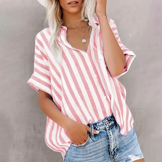 Women Fashion Casual Printed Stripe Lapel Short Sleeve Loose Blouse Women Fashion Casual Printed Stripe Lapel Short Sleeve Loose Blouse