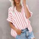 Women Fashion Casual Printed Stripe Lapel Short Sleeve Loose Blouse Women Fashion Casual Printed Stripe Lapel Short Sleeve Loose Blouse