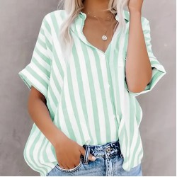 Women Fashion Casual Printed Stripe Lapel Short Sleeve Loose Blouse