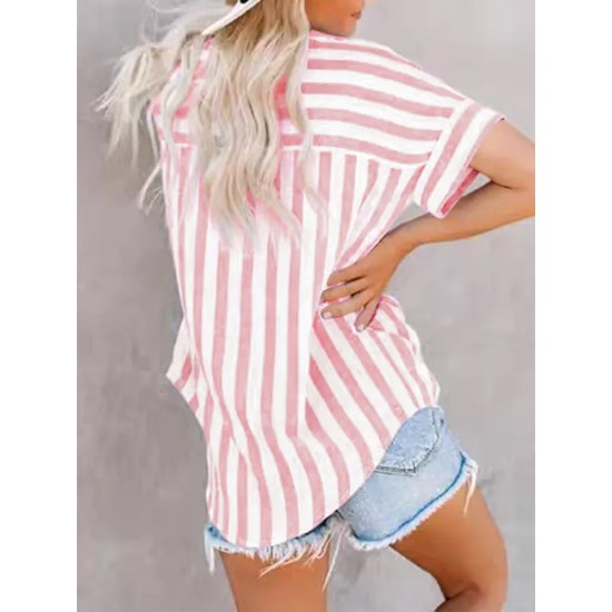 Women Fashion Casual Printed Stripe Lapel Short Sleeve Loose Blouse Women Fashion Casual Printed Stripe Lapel Short Sleeve Loose Blouse
