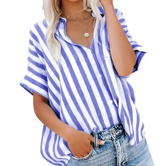 Women Fashion Casual Printed Stripe Lapel Short Sleeve Loose Blouse Women Fashion Casual Printed Stripe Lapel Short Sleeve Loose Blouse