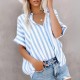 Women Fashion Casual Printed Stripe Lapel Short Sleeve Loose Blouse Women Fashion Casual Printed Stripe Lapel Short Sleeve Loose Blouse